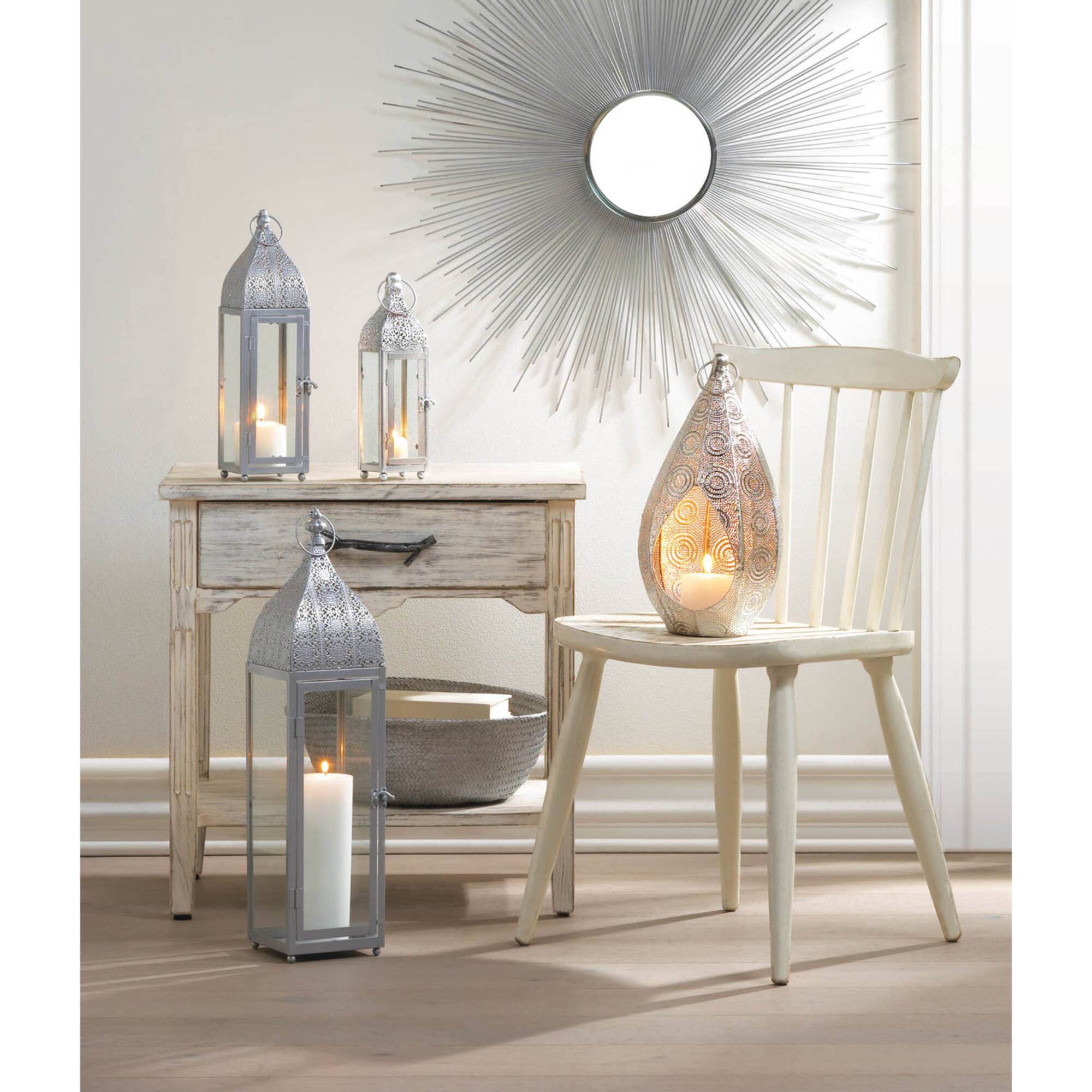 24" Large Silver Metal Rectangular Moroccan Style Candle Lantern